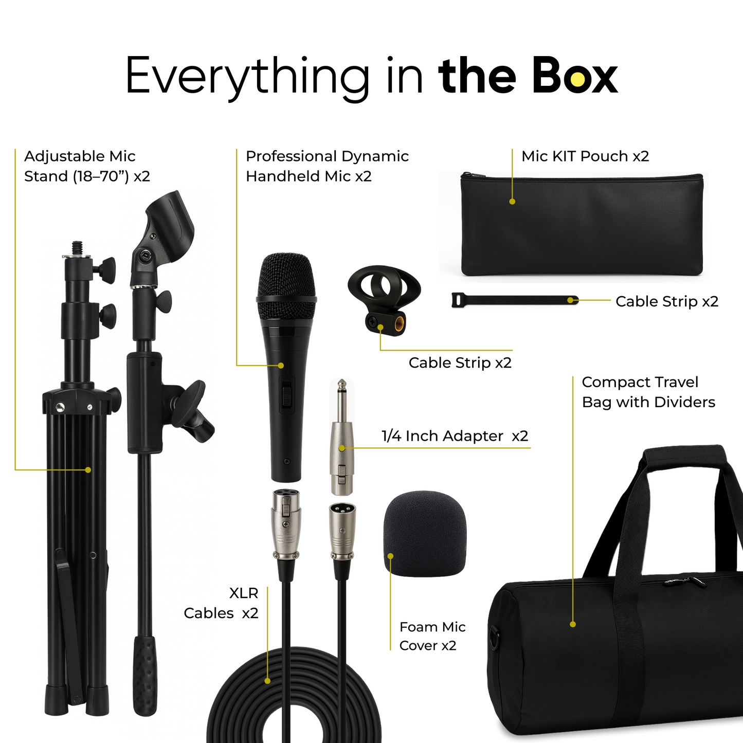 2-Pack Professional XLR Microphone Bundle with Mic Stands and Carry Case