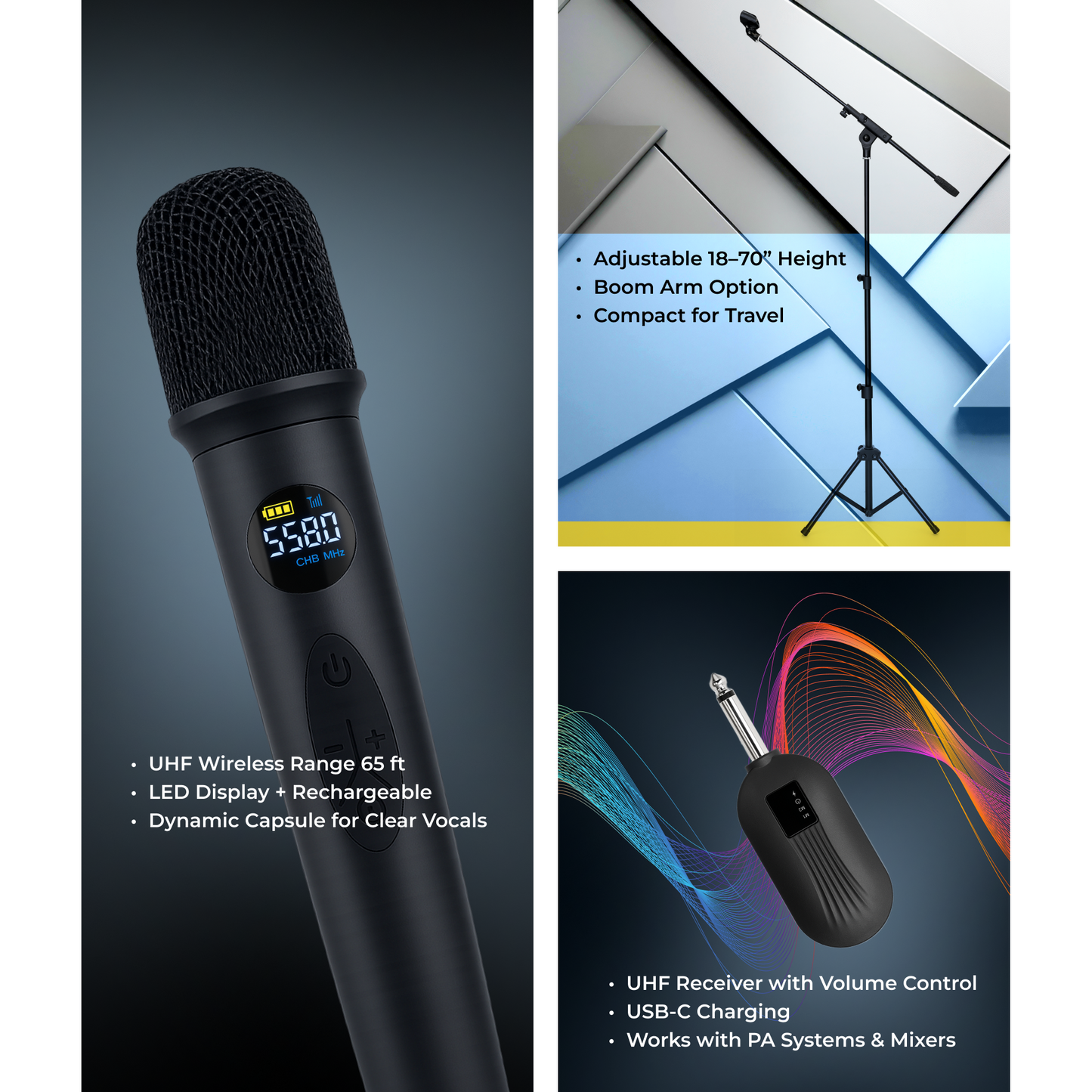 Wireless Microphones and Mic Stand with Carry Case