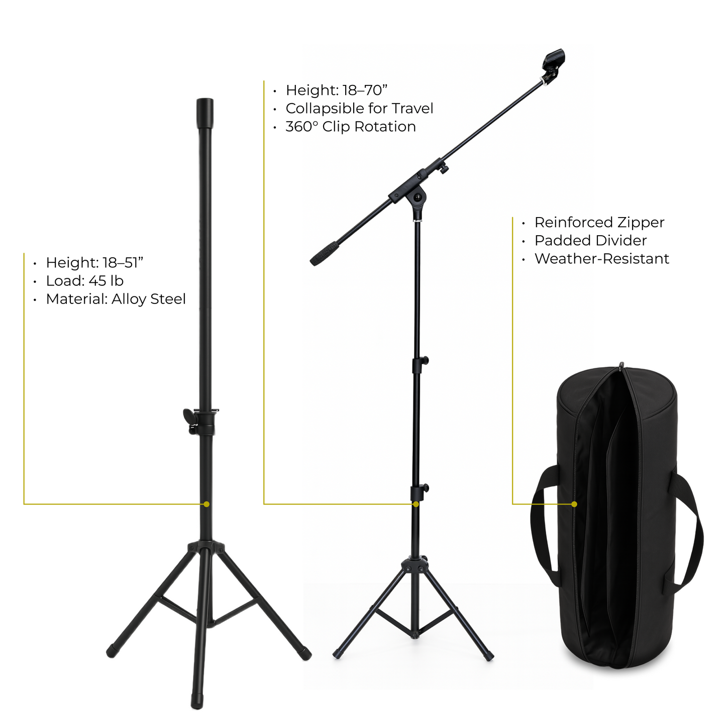 PA Speaker Stands Pair with Compact Microphone Stand and Carry Case