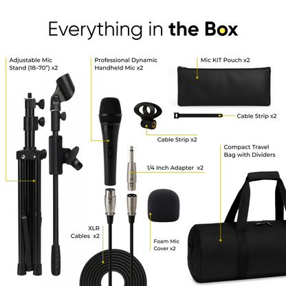 2-Pack Professional XLR Microphone Bundle with Mic Stands and Carry Case