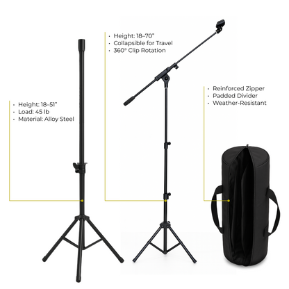 PA Speaker Stands Pair with Compact Microphone Stand and Carry Case